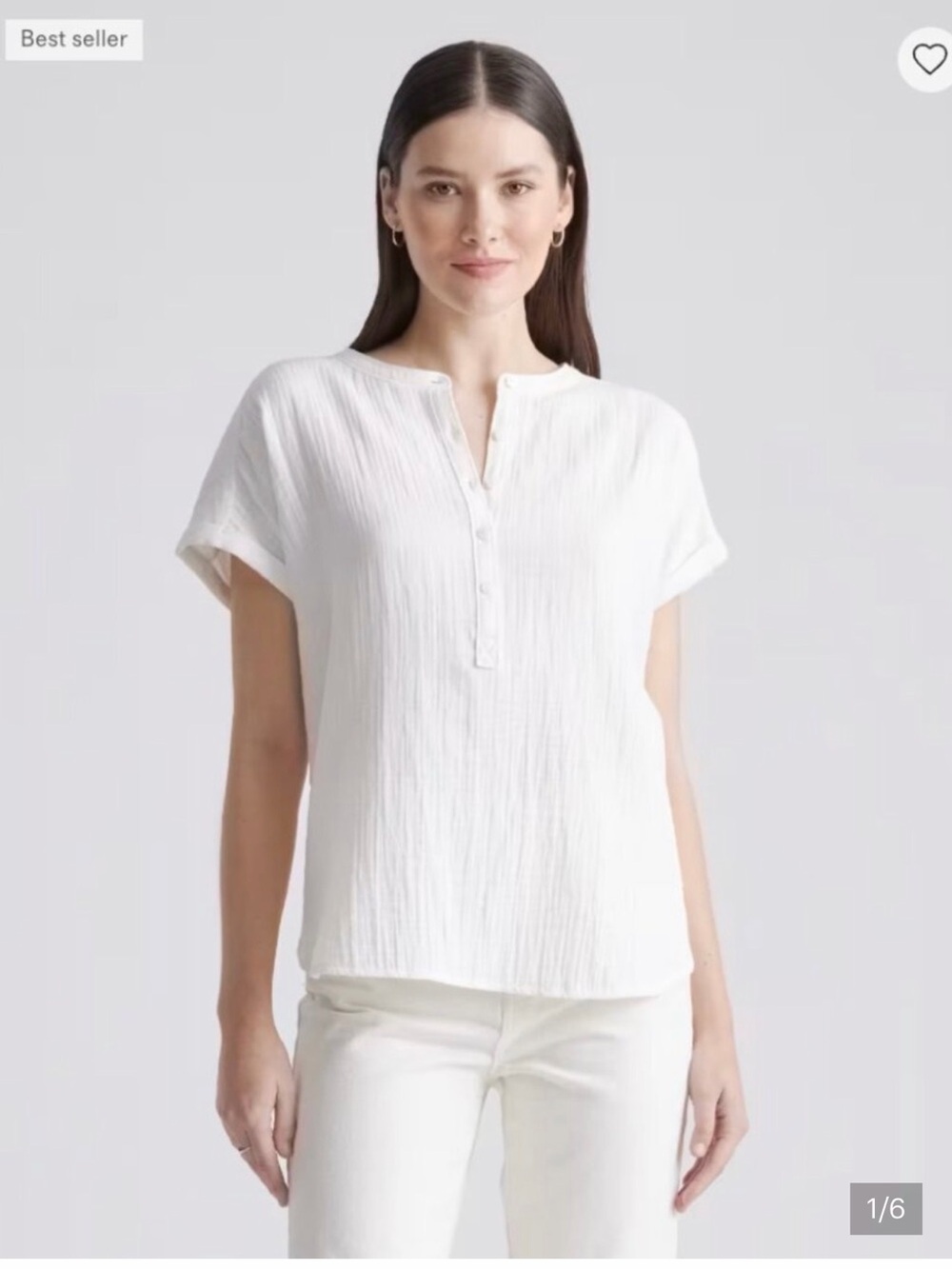 Quince White Short-Sleeve Button-Front Split-Neck Top